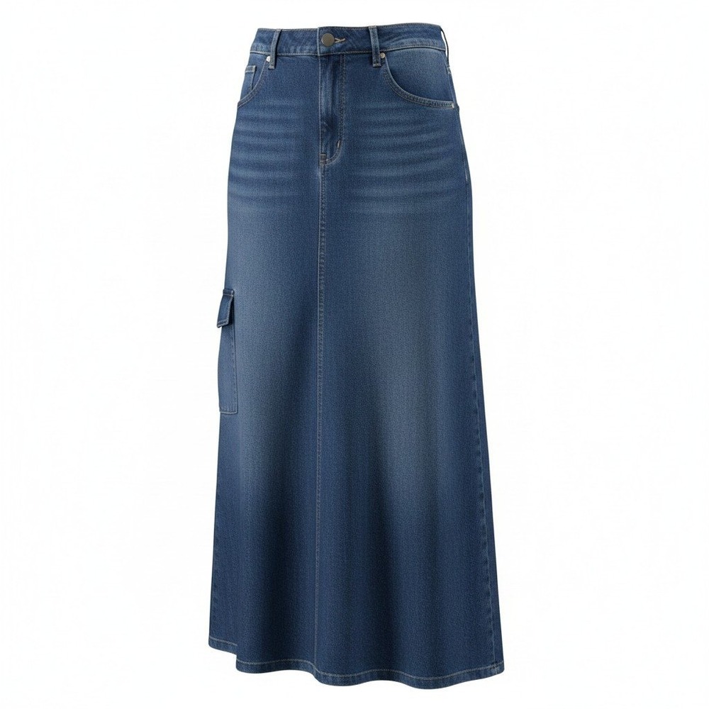 Denim & Co Womens Blue Denim Cargo Maxi Skirt Comfort A-Line Medium Wash Size 12
